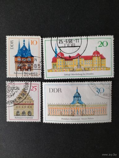 ГДР 1968 Полная серия марок "Важные сооружения" (гашение с клеем, на одной марке есть след от наклейки) Mi.1379-1382 каталог 2.50 евро
