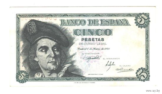 Испания 5 песет 1948 года. Состояние XF+/аUNC!