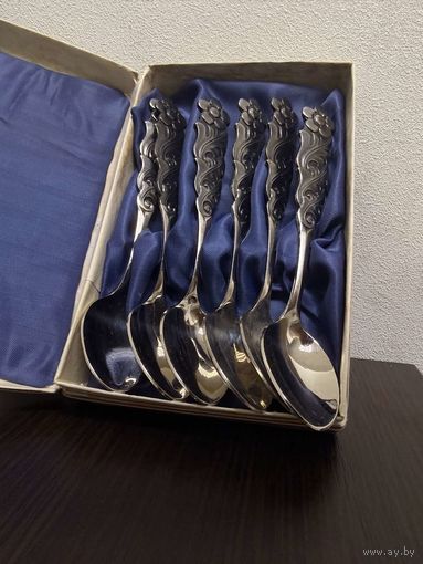 Набор чайных ложек на 6 персон с ручками в виде цветков , Казаковское производственное ювелирное объединение СССР