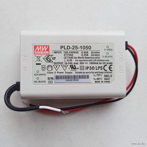 Блок питания 25Вт, 1.05A. 16-24В. AC/DC LED. Для светодиодного освещения. Источник, драйвер Mean Well. 16-24 Вольт. 1,05 Ампер, 25 Вт. PLD-25-1050
