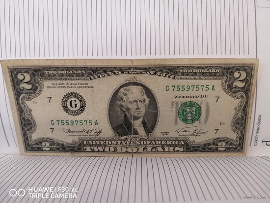 ПРОДАМ РЕДКУЮ КУПЮРУ 2 ДОЛЛАРА 1976г РЕДКИЙ НОМЕР G75597575A