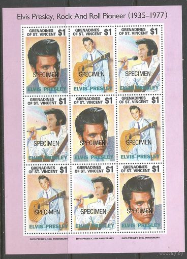 Гренадины Сент-Винсент. Памяти Элвиса Пресли. Рок-музыкант. 1992г. Mi#983-85. Klb.