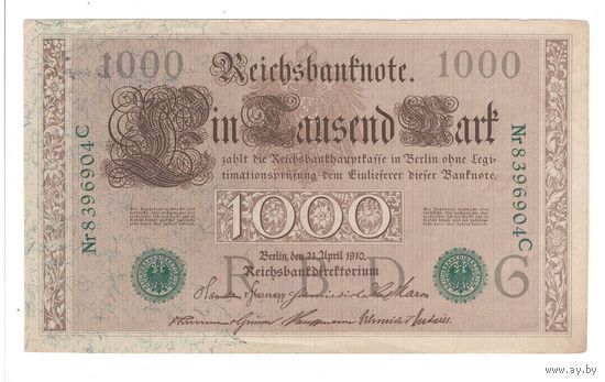 Германия 1000 марок 1910 года. Зеленая печать. Состояние XF!