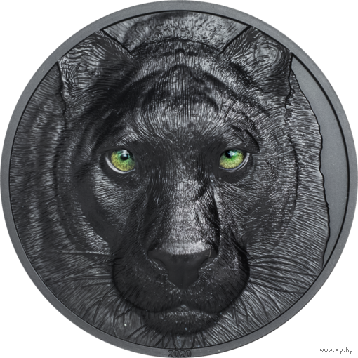 RARE Палау 10 долларов 2020г. "Охотники ночью - Пантера". Obsidian Black. Монета в капсуле; подарочной рамке - футляре; сертификат; коробка. СЕРЕБРО 62,20гр.(2 oz).