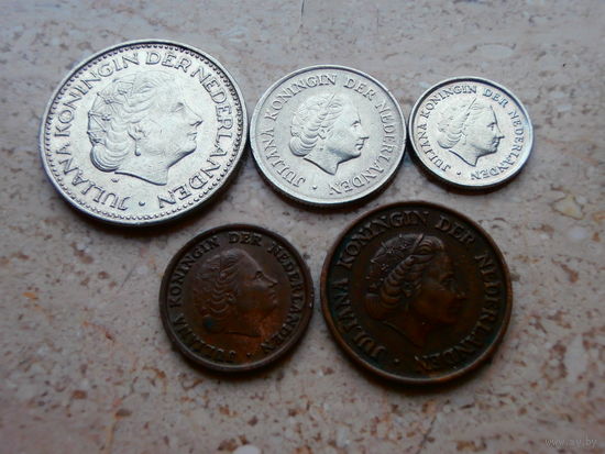 Нидерланды 5 монет: 1 гульден, 25, 10 центов, 5 центов 1950, 1 цент 1959.