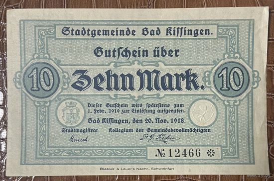 Банкнота 10 марок 1918 год. Бад-Киссинген. Веймарская республика.