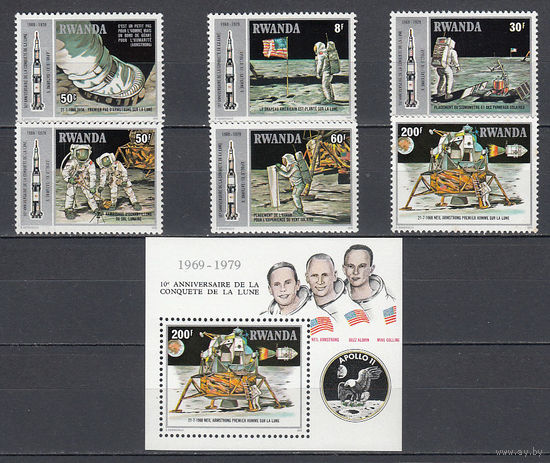 Космос. Аполлон 11. Руанда. 1980. 6 марок и 1 блок. Michel N 1027-1032, бл88 (13,0 е)