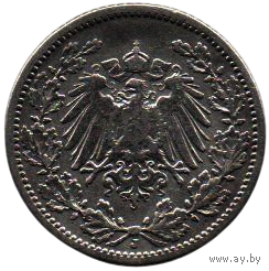 ГЕРМАНСКАЯ ИМПЕРИЯ. 1/2 МАРКИ 1905 J. Серебро