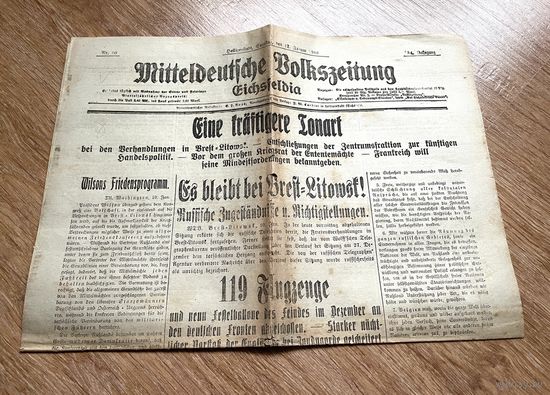 Немецкая газета Mitteldeutsche Volkszeitung Eichsfeldi 12.01.1918 год / Брест-Литовск переговоры
