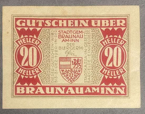 Нотгельды Австрия Браунау 20 геллеров 1920 год