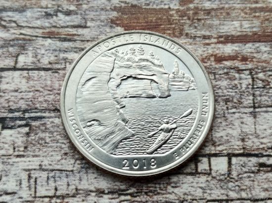 США. 25 центов (квотер, 1/4 доллара) 2018 D. Национальный озерный центр Апостольских островов.