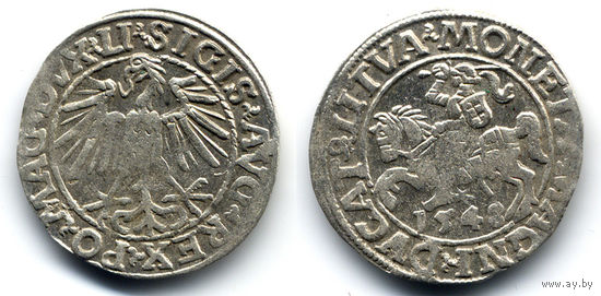 Полугрош 1548, Жигимонт Август, Вильно. Арабская единица в начале даты, окончание легенд: Ав - LI, Рв - LITVA. Остатки штемпельного блеска, коллекционное состояние