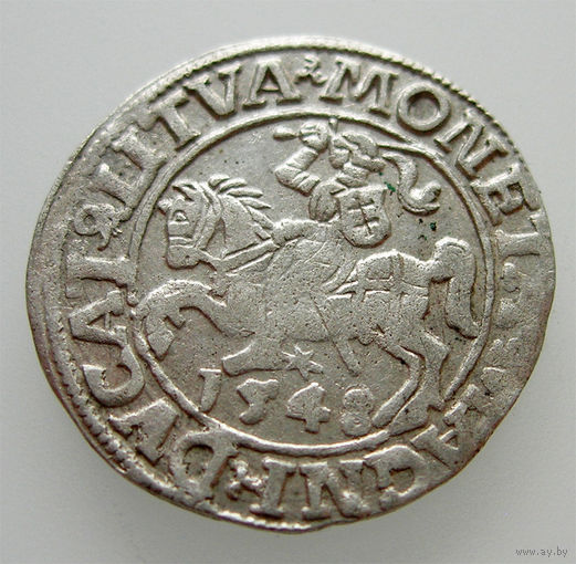 Полугрош 1548, Жигимонт Август, Вильно. Арабская единица в начале даты, окончание легенд: Ав - LI, Рв - LITVA. Остатки штемпельного блеска, коллекционное состояние