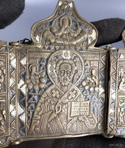 Складень Николай Чудотворец. С Эмалями! 19 век. Состояние!!!