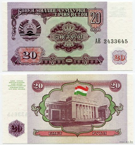Таджикистан. 20 рублей (образца 1994 года, P4, UNC) [серия АЕ]