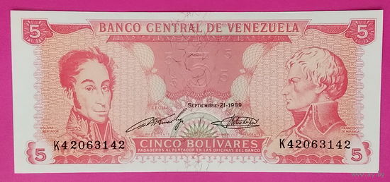 Венесуэла. 5 боливаров 1989 года. UNC.