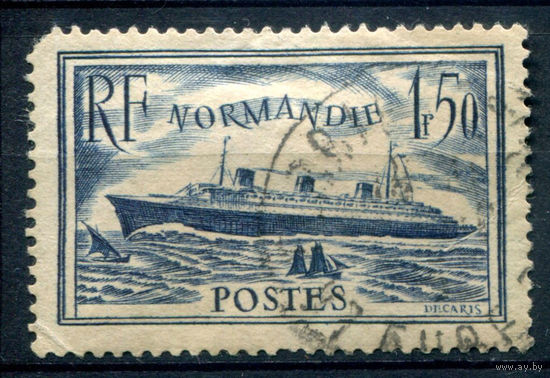 Франция - 1935г. - корабль Нормандия - 1 марка - полная серия, гашёная, погнут уголок [Mi 297]. #2-Fr-47-A-2