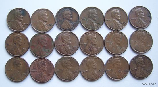 США  1цент  1964-1981г.г.  (погодовка - 18шт.)  б/б