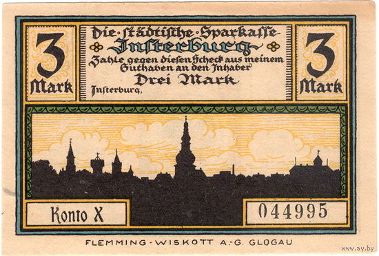 Восточная Пруссия, Инстербург (Черняховск), нотгельд 3 марки, 1922 г., aUNC, не частые
