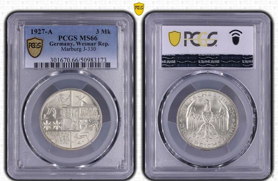 3 марки 1927 год 400 лет Марбургскому университету имени Филиппа. Редкие! Шикарное коллекционнное состояние! PCGS MS66