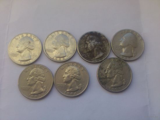 25 центов США. Квотер 1965, 1984, 1989, 1994,  1995, 1998 ....21