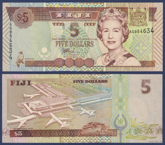 Фиджи, 5 долларов 2002 г., P-105b (AG, королева Елизавета II), UNC