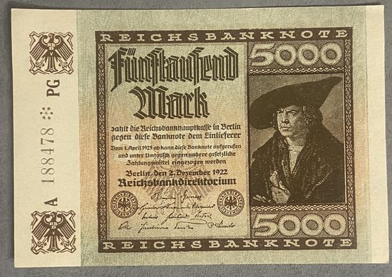 Банкнота 5000 марок 1922 год. Веймарская республика.