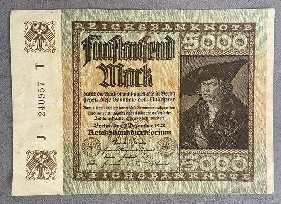 Банкнота 5000 марок 1922 год. Веймарская республика.