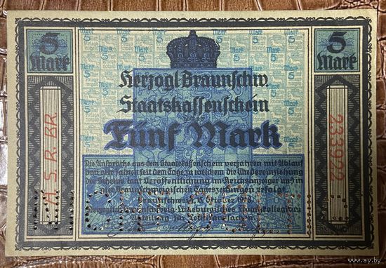 Банкнота 5 марок 1918 год. Герцогства Брауншвейг-Люнебург. Веймарская республика