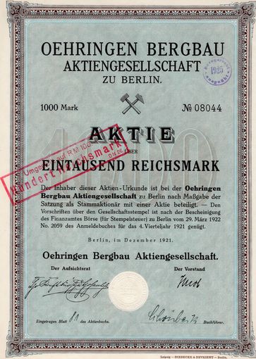 Германия, Берлин, акция на 1000 марок, 1921 г.