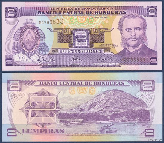 Гондурас, 2 лемпира 2003 г., P-80Ad (M, президент Марко Аурелио Сото, остров-вулкан Тигре), UNC