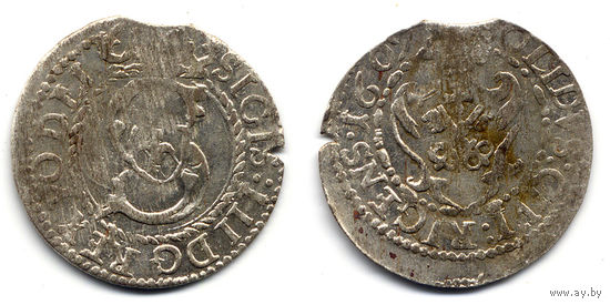 Шеляг 1609, Сигизмунд III Ваза, Рига. Вариант с полной датой '1609', лис влево на Рв., R