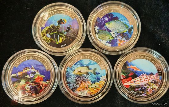 G Палау 2011 год 1 доллар 5 монет набор ВЫМИРАЮЩИЕ ВИДЫ РЫБ