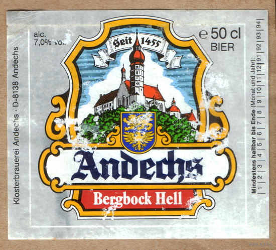 Этикетка пива Andechs Германия б/у Ф870