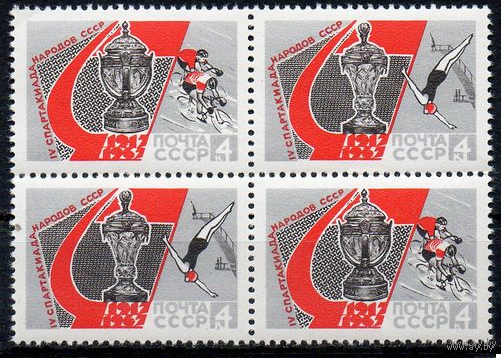 Спартакиада народов СССР  Спорт 1967 год (3505-3508) серия из 4-х марок в квартблоках**