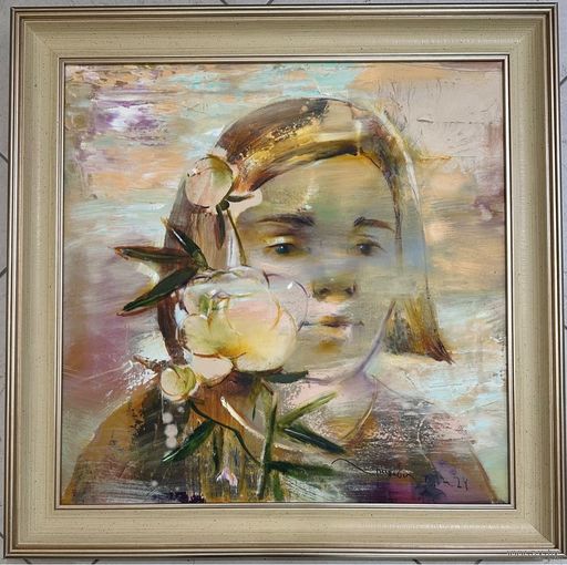 Гриневич Т.В "Девочка с пионом", 2024г. Холст, масло. Размер 50х50 см.
