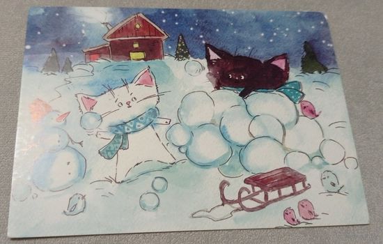 Посткроссинг. Открытка котята и снежки, худ.Анастасия Ерёмина (10х15). Прошла почту. Художественные марки, чёткий штемпель.