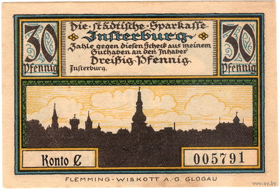 Восточная Пруссия, Инстербург (Черняховск), нотгельд 30 пфеннигов, 1922 г., aUNC, не частые