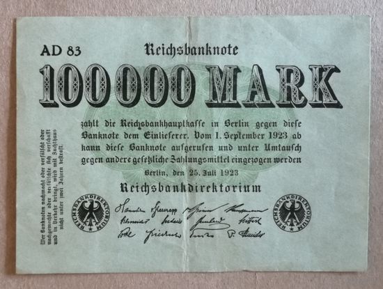 Германия 100000 марок 1923 г Эмиссия Рейхсбанка, Ro.90b/DEU-102b, В/З волны, частна типография, XF