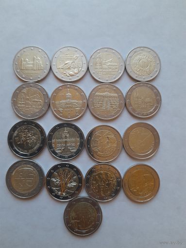2 евро. Все разные юбилейные монеты.