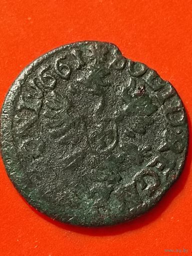 Солид (боратинка) 1661 г. польский герб, Ян II Казимир. Маленькая голова, ночная цапля слева, отметка МД- "TLB",; без мц.