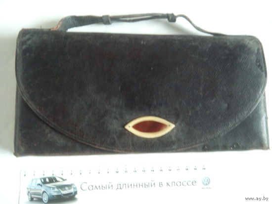 Старинная кожаная Сумка-Клатч,черного цвета,7 отделений,застежка. Российская Империя.Начало XX-го века.