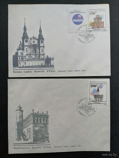 Польша 1990 Четыре КПД с полной серией марок "Исторические постройки Польши" (спецгашение) Mi.3302-3305 Zf каталог 2.00 евро