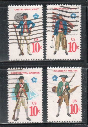 США-1975, (Мих.1175-1178) , гаш. , 200-лет независимости ,Военная форма, Оружие(полная серия)(3)