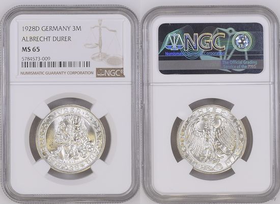 3 рейхсмарки 1928 год 400 лет со дня смерти Альбрехта Дюрера. Очень редкий! Редкое коллекционное состояние! Полный штемпельный блеск! Грейд NGC MS65
