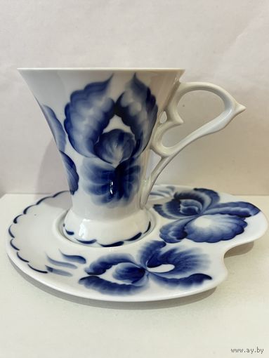 АУКЦИОН не с рубля без МПЦ. Чайная пара 275 см3 "Юбилейная". Живописная работа кобальтом.  ДФЗ