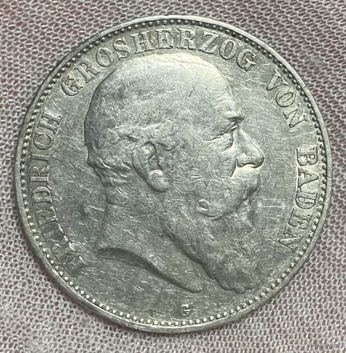Монета 5 марок 1907 год. Баден. Германская империя. Фридрих I