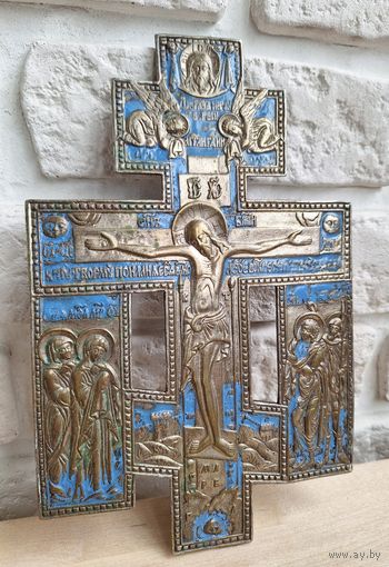 Распятие Христово,с предстоящими, меднолитое, эмаль, серебрение, 23х15 см.