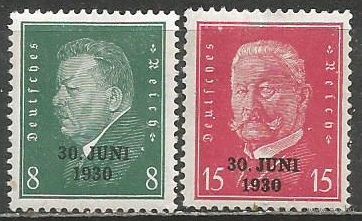 Германия. Президенты Ф.Эберт и П.Гинденбург. Надпечатка 30 июня 1930г..1928г. Mi#444-45. Серия.