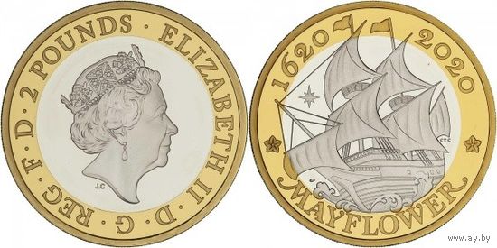 ОСТРОВ МЭН 2020 год. 2 Фунта "Корабль Мэйфлауэр / Mayflower" UNC
